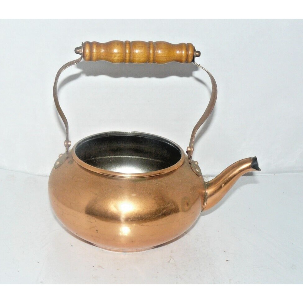 Vintage copper tea kettle pot wooden handle planter flower pot gift